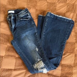 Dark Wash Distressed Flare Jeans - Women